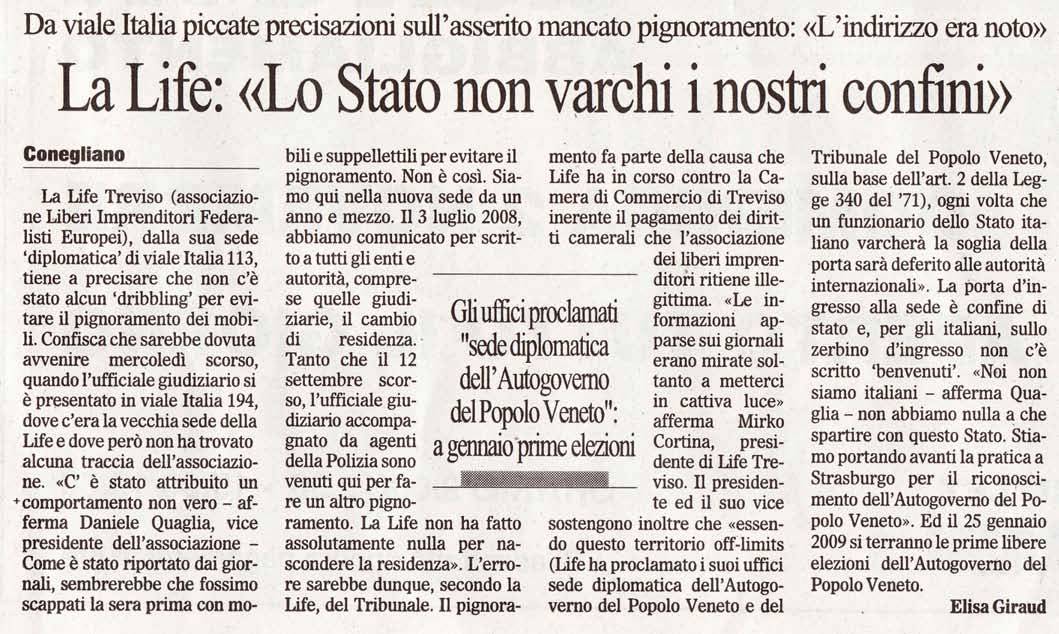 Articolo del Gazzettino sul territorio dello Stato Veneto e Life